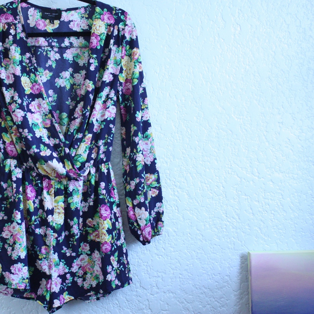 Gorgeous Navy Blue Long Sleeve Romper with Flowers